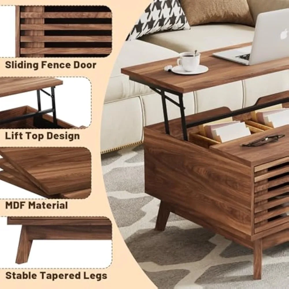 Lift Top Coffee Table, Mid Century Modern Coffee Table With Storage For Living Room, Walnut Coffee Tables With Sliding Fence Do