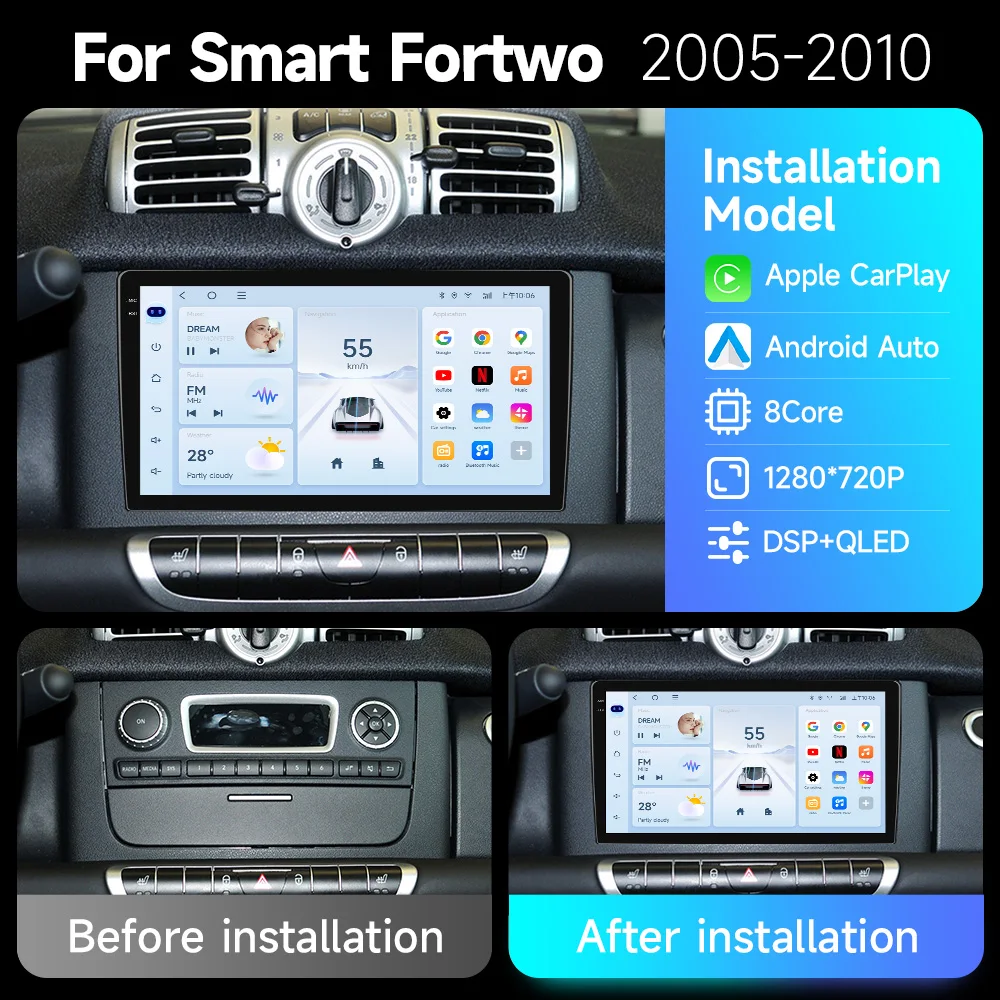 JIUYIN Wireless CarPlay Android Auto Radio for Mercedes Benz Smart Fortwo 451 2005 - 2015 Car Player GPS 2 din autoradio