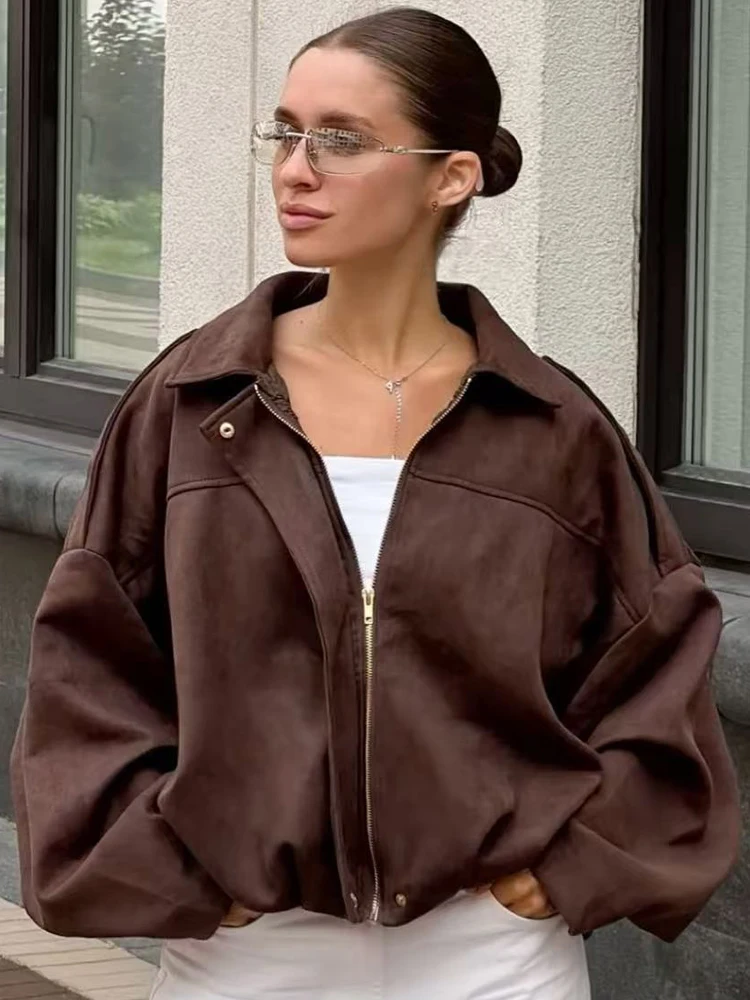 HXAO Suède Cropped Jas Dames Bomberjack Oversized Vleermuismouwen Outerwears Lady Casual Losse Jas Street Style Jassen - afbeelding 2