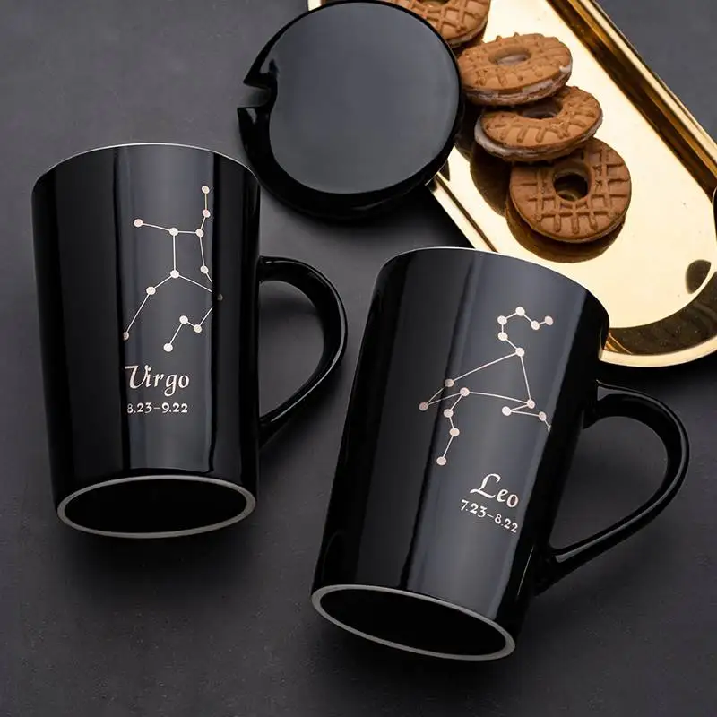 400ml 12 Constellation Mug with Lid Spoon Large Capacity Japanese Ceramic Water Cup Home Office Male and Female Couple