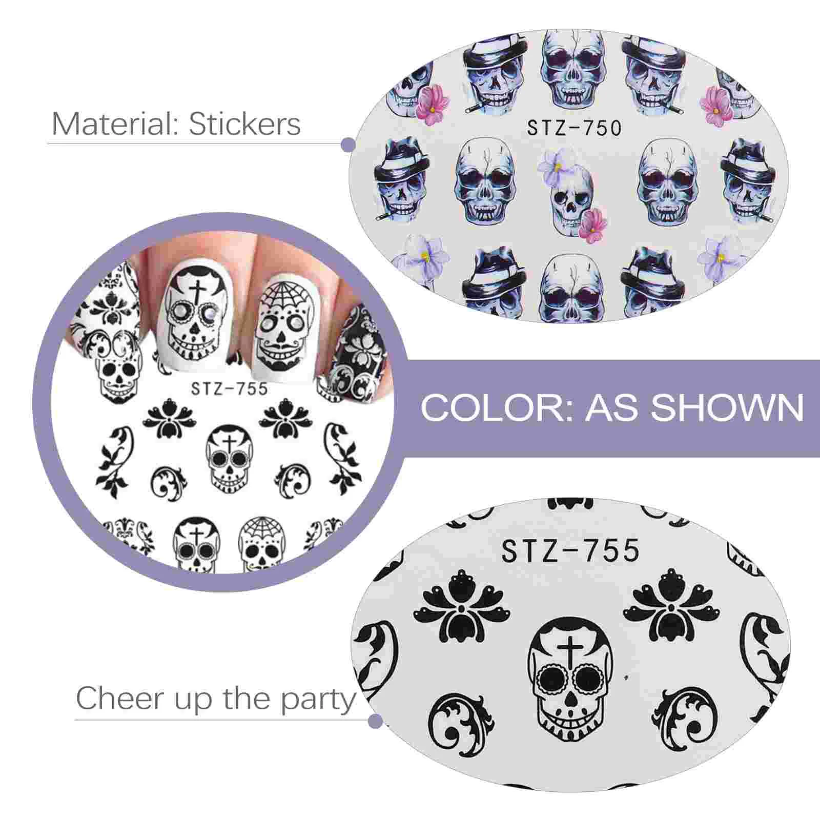 Auto-adesivo Halloween Nail Stickers, Manicure Decor, Crânio Natal, 15 folhas