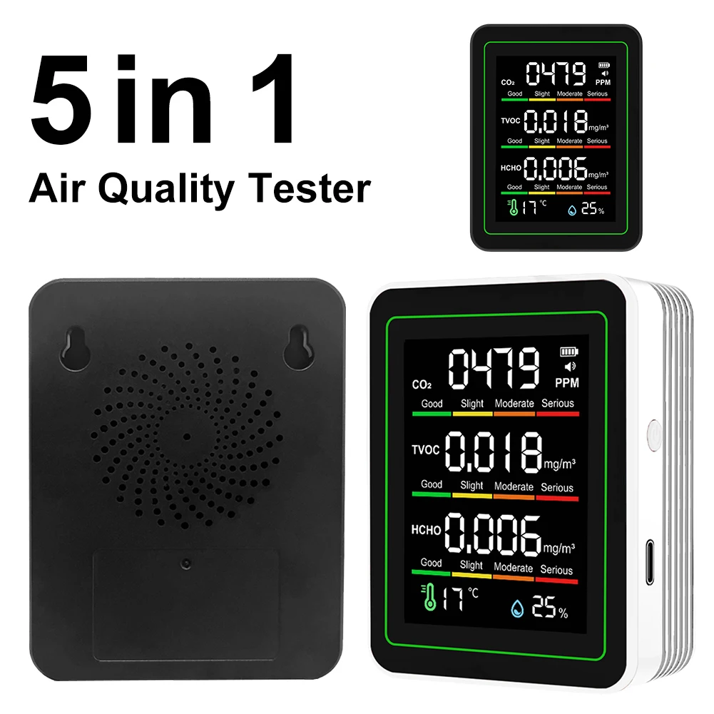 

5 in 1 Indoor Air Quality Monitor CO2 TVOC HCHO Tester Temperature Humidity Detector Air Quality Meter for Home&Office