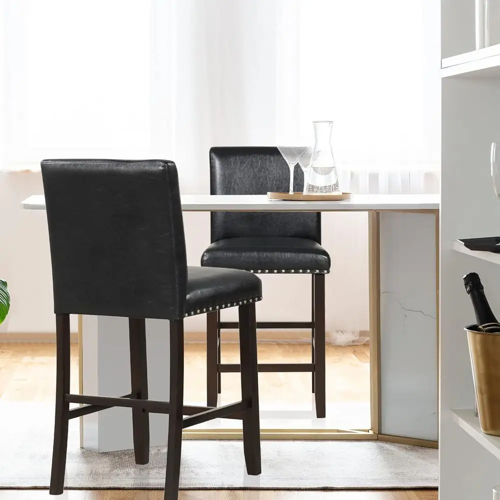 Counter Height Bar Stools Set o 2 with PVC Leather Back and Seat | Black, Rubber Wood Legs, 25.5 Inch ern ArmlBreakast Chairs or