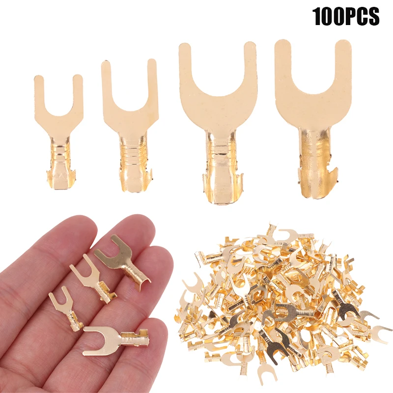 100PCS M3 M4 M5 M6 Brass Fork Spade U-Type Non-Insulated Wire Connector Electrical Crimp Ground Terminal 0.5-2.5mm 3.2-6.2mm