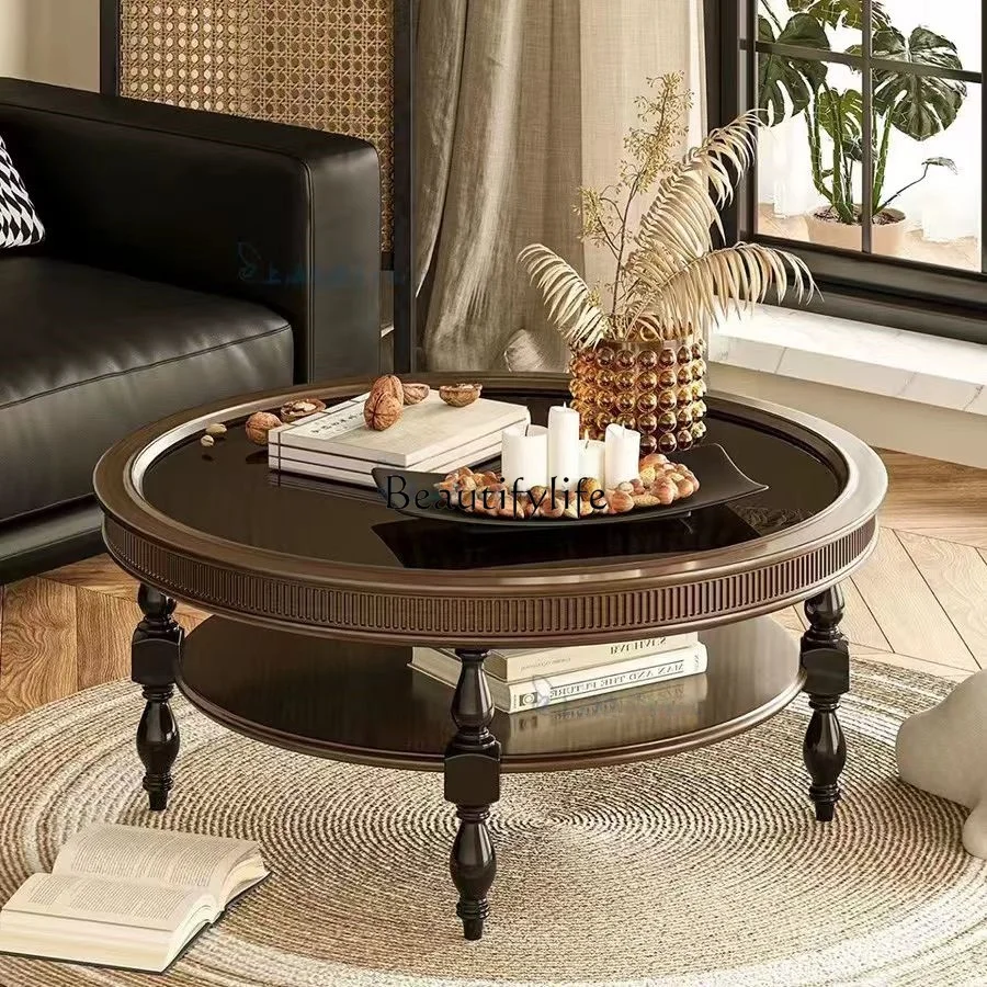 

American solid wood small apartment coffee table French retro round glass coffee table