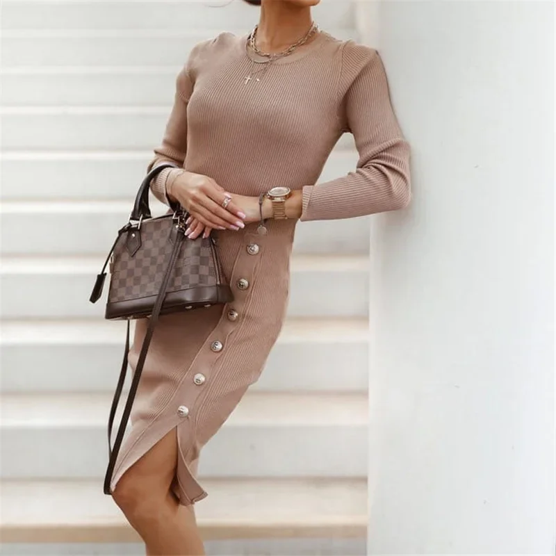 2023 Sexy Bodycon Slit Knitted Dresses Women Autumn Long Sleeve High Waist Button Midi Dress Elegant O Neck Elastic Party