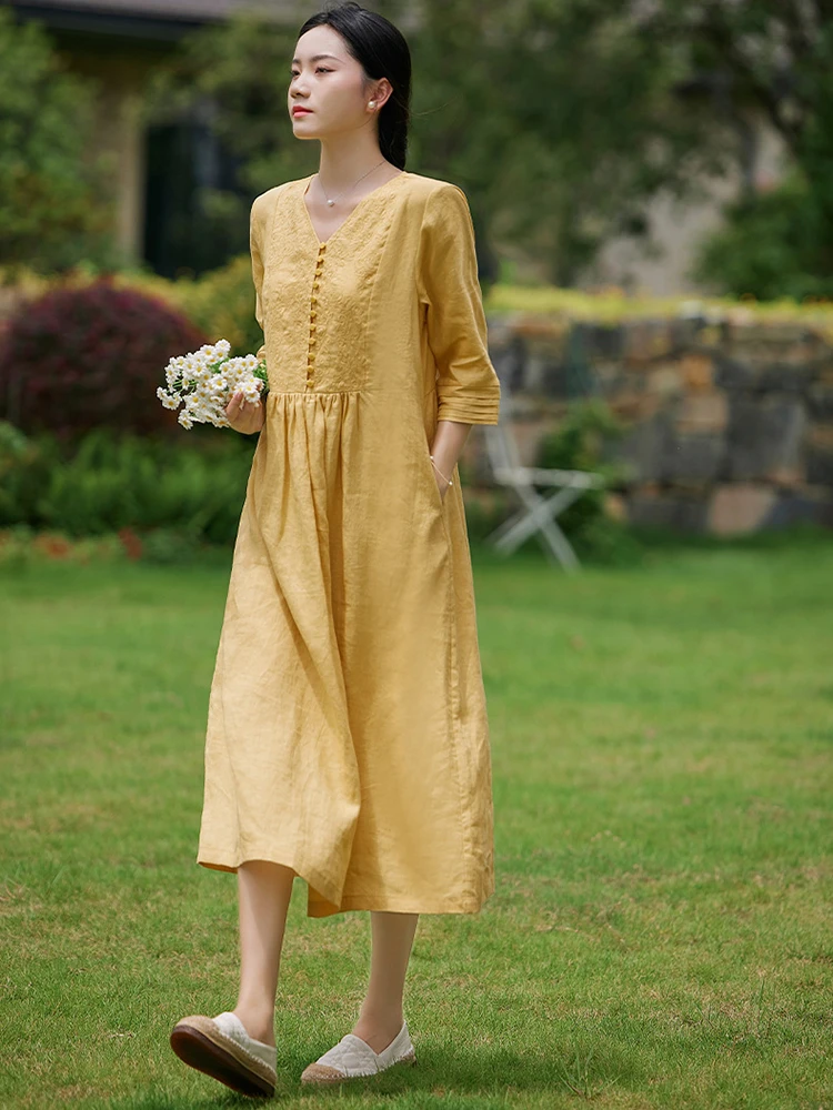 

Высококачественное льняное длинное платье, женское новое лето 2022, винтажный стиль, свободные женские повседневные платья с v-образным вырезом и цветочной вышивкой M1313