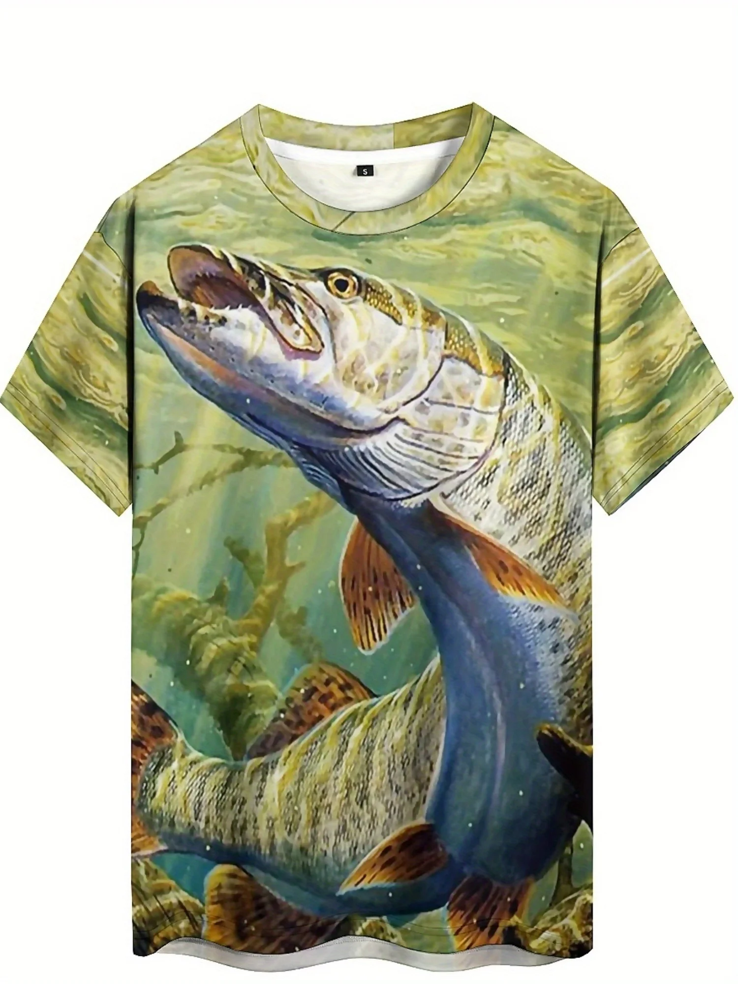Camiseta masculina com estampa de peixe 3D – poliéster macio, manga curta, gola redonda, estilo casual e esportivo, conforto para todas as estações,