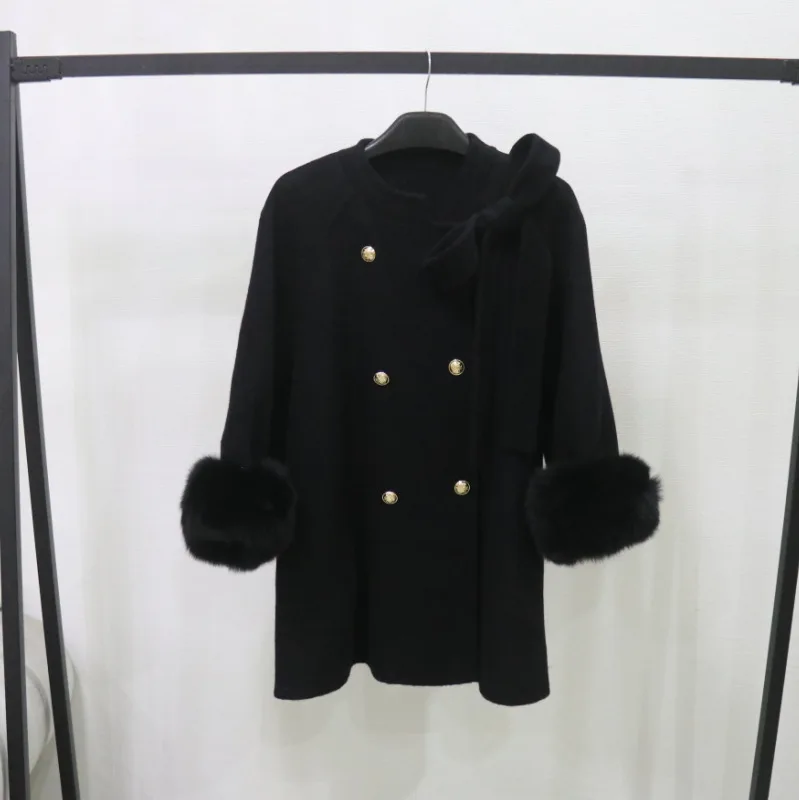 

Women's Autumn Winter Double Breasted O Neck Long Sleeve Wool Coat Lady Sweet Bowknot Faux Fur Cuffs Wool Loose Outwear