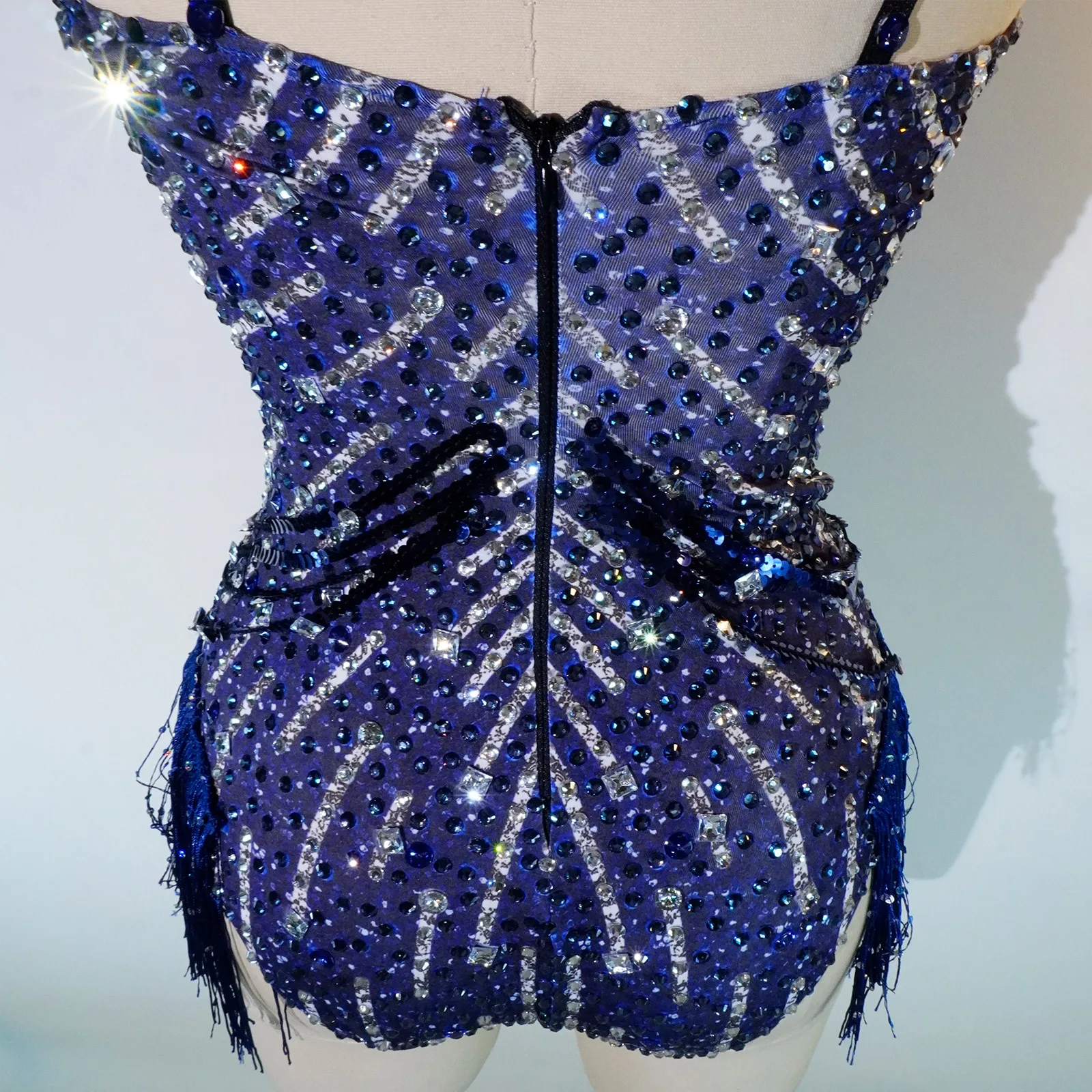 New Music Stage Singer Costumes Glittering Blue Rhinestones Tassel Bodysuit Latina Dance Costumes Queen Nightclub Birthday DJ DS