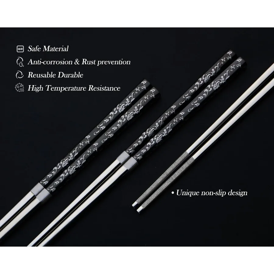 عيدان تناول الطعام المعدنية مع علبة عيدان تناول الطعام المصنوعة من الفولاذ المقاوم للصدأ مطلية بالتيتانيوم وقابلة لإعادة الاستخدام وخفيفة الوزن منقوشة نونسليب 18 10 كور #4