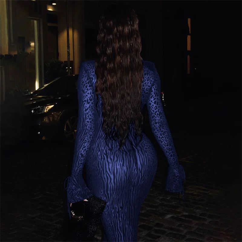 ليوبارد طباعة الأزرق فستان الحفلة الراقصة مثير الخامس الرقبة مضيئة الأكمام الكاملة غمد طويل الزفاف الرسمي ضيف الجلباب شير فستان زفاف الطرف #3