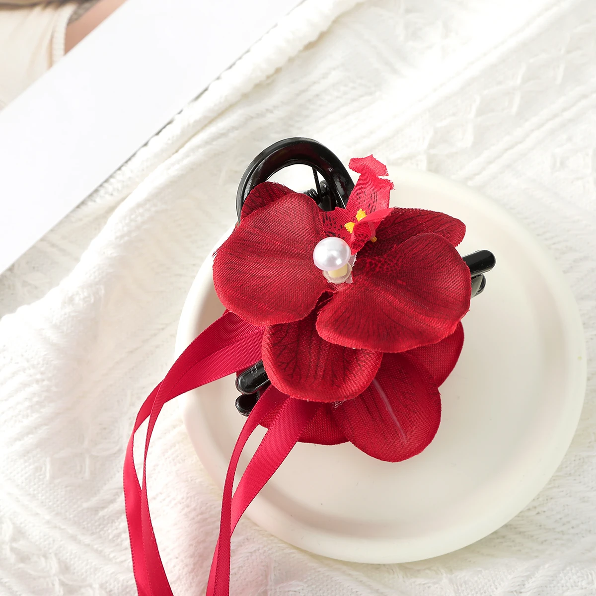 RED Phalaenopsis Orchid Long Ribbon Hair Claw Flower Shark Clip Women Fairy Flower Hairpin Headwear Hair Accessories