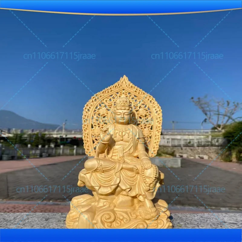 Hand Carved Hinoki Wood Wooden Seated Guanyin Kuan Yin Bodhisattva Statue Figurine w/ Mandala Backlight Spiritual Ornament Home
