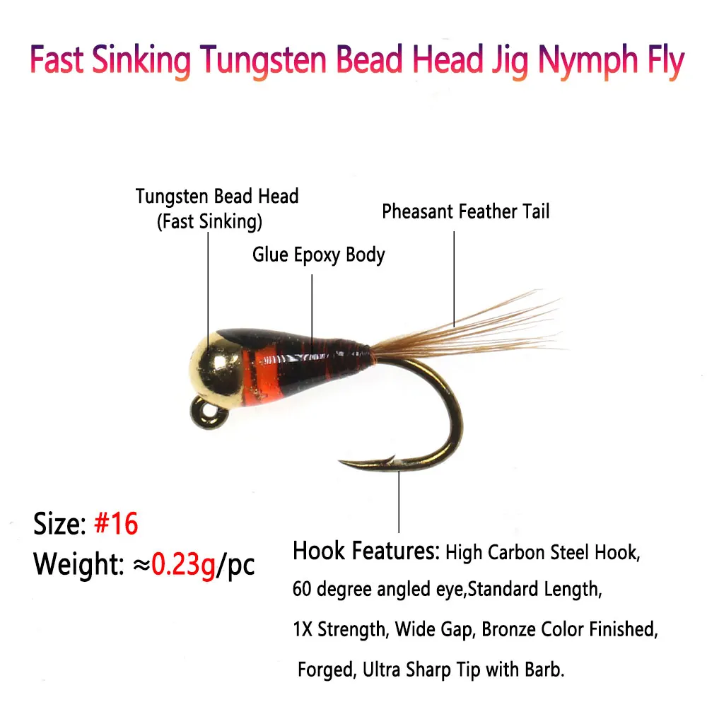 Bimoo 18pcs/box #16 Tungsten Bead Head Jig Nymph Fly Epoxy Pheasant Tail Fast Sink Barbed Wet Euro Nymph Fly Trout Fishing Lures