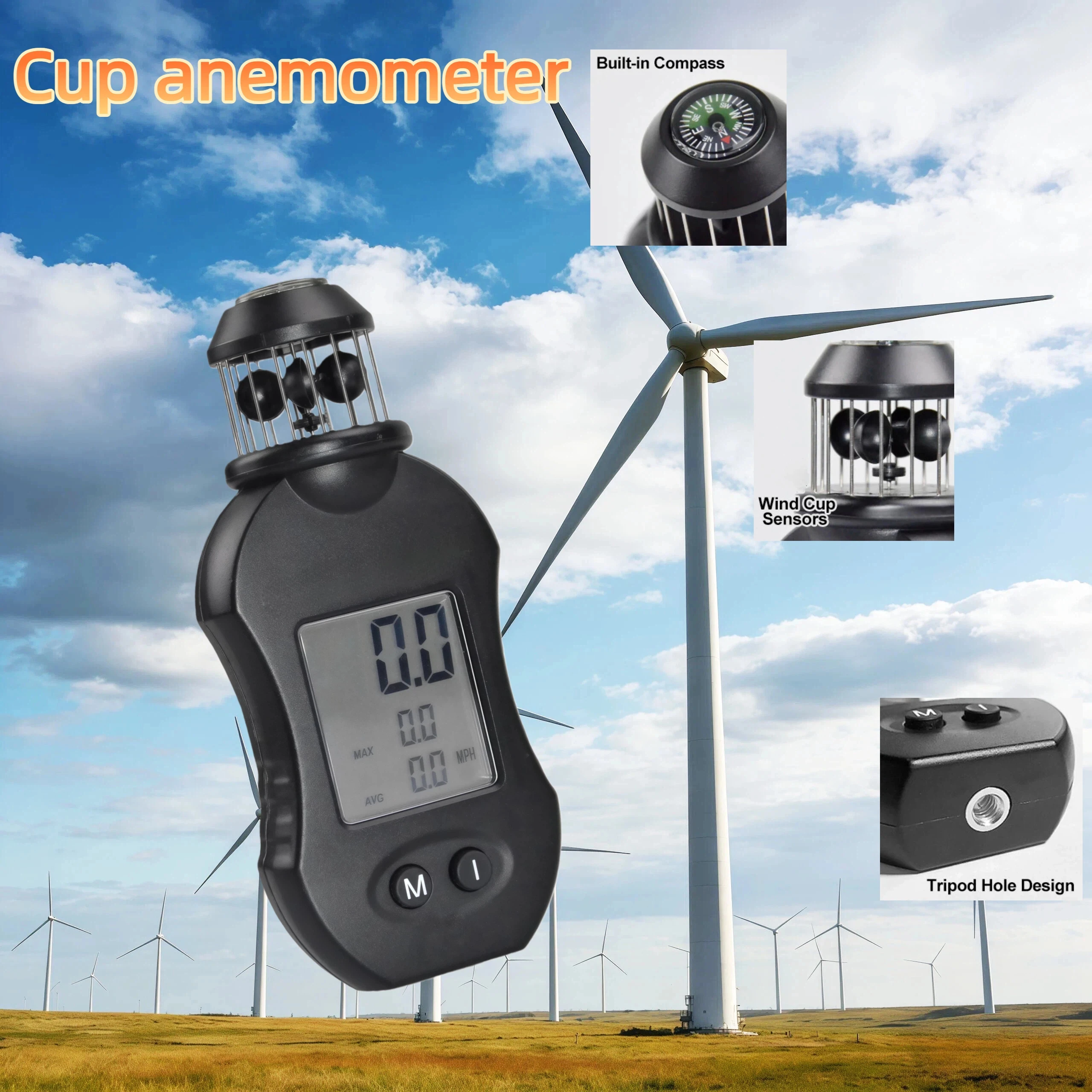 

Cup anemometer with compass, accurately measures wind speeds from 0.5 to 1500 km/h, supports tripod mounting