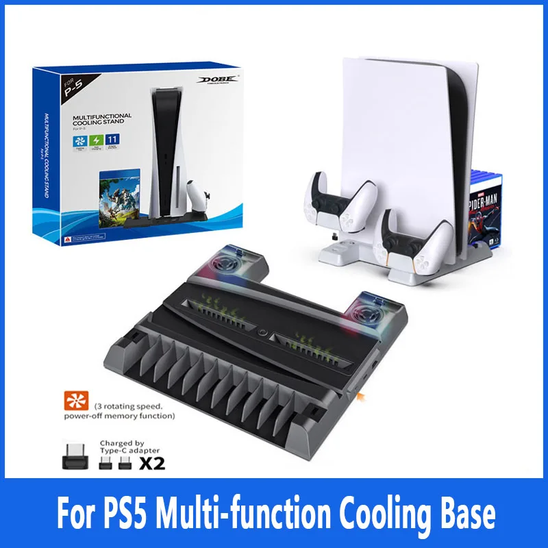 For PS5 multi-function cooling base for PS5 host universal base cooling fan+disc storage rack+handle double charging