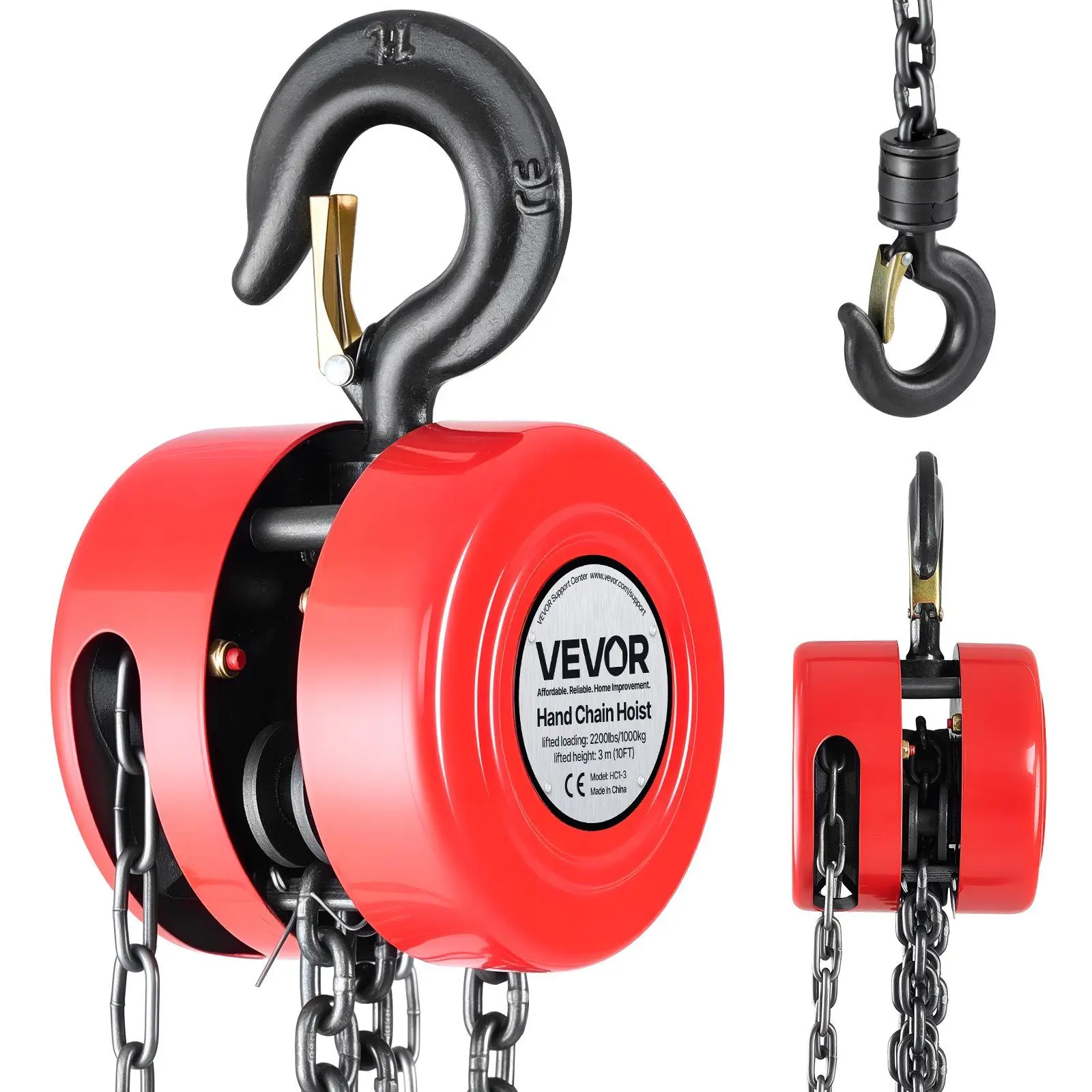 

1 Ton Manual Chain Hoist 10ft Lift Height 2200lb Capacity G70 Galvanized Chain 360° Hooks Alloy Steel Body Red