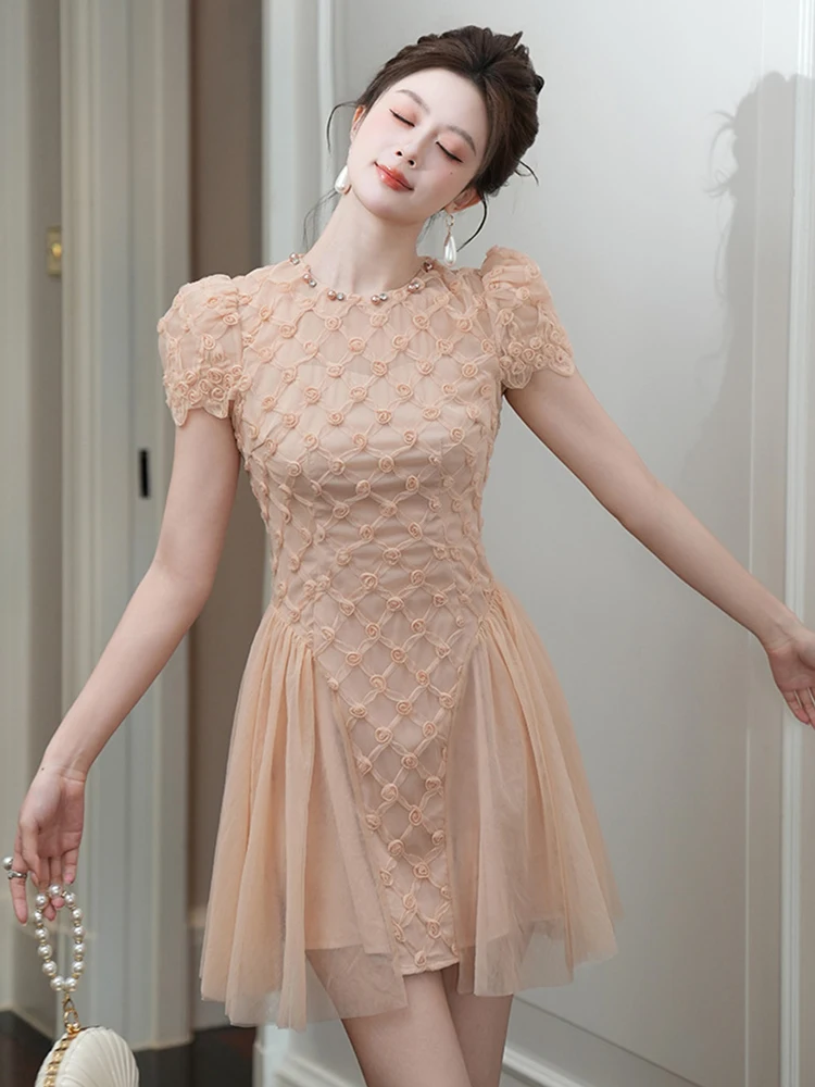 Seksowna, urocza sukienka na studniówkę dla kobiet, vintage, przezroczysta siateczka, kwiaty, diamenty, plisowana suknia, elegancka damska sukienka na imprezę, klub, krótka vestidos