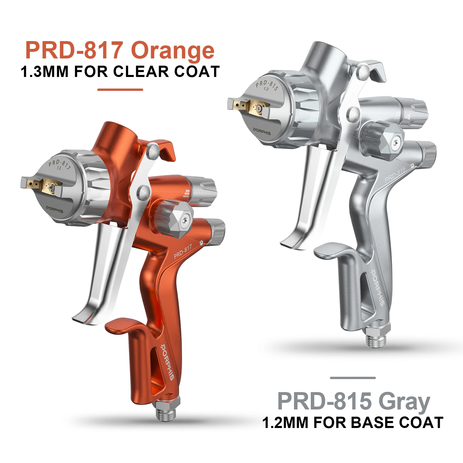 PORPHIS PRD-817 PRD-815 No Cup Dual Spray Gun Set Automotive Paint Guns for Clear Coat Basecoat Refinish Work Varnish Lacquer