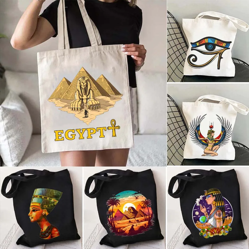 Ancient Egypt Landscape Totem Pharaoh Canvas Shopping Tote Bag Queen Atum Egyptian Pyramids Eye Of Horus Cotton Shopper Handbags