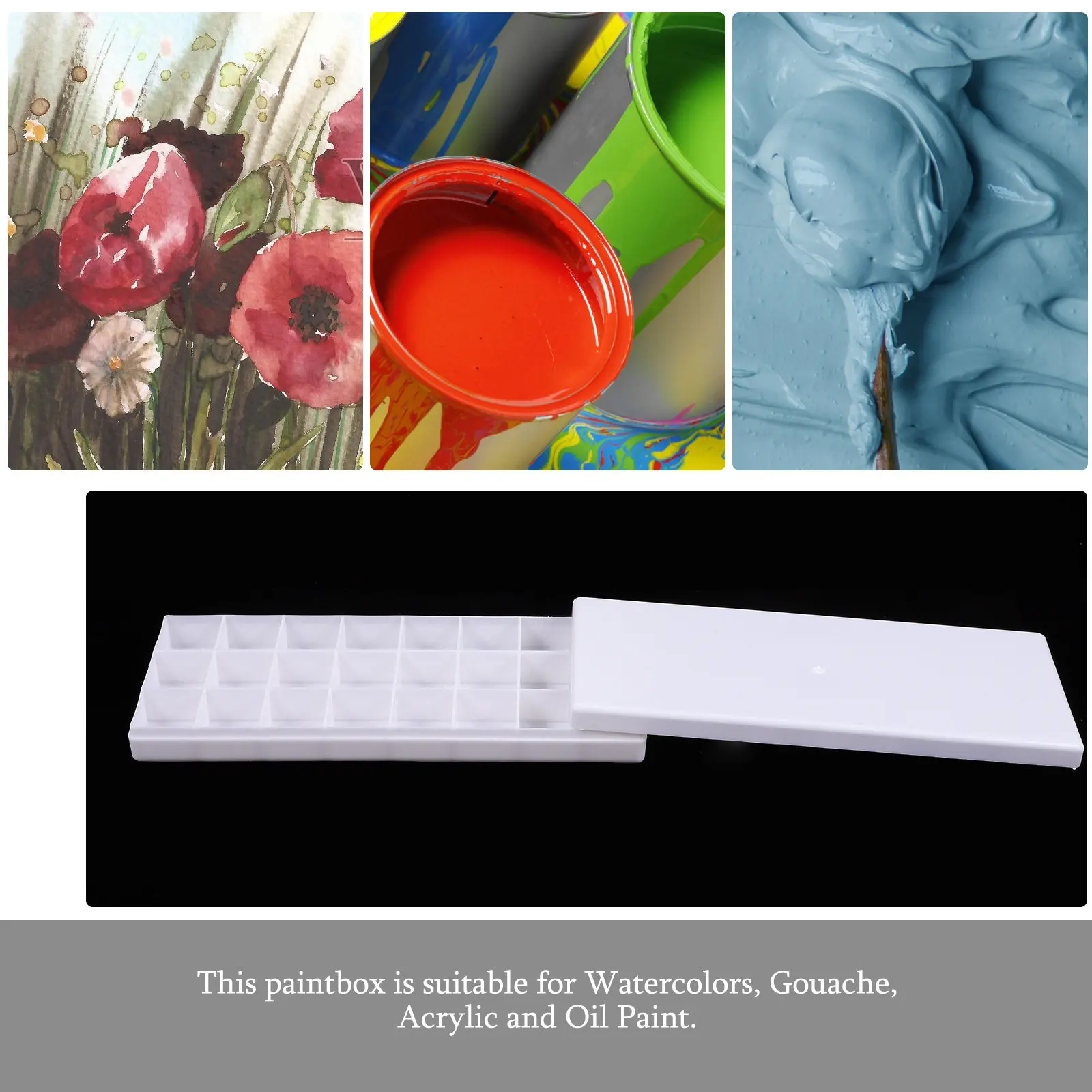 24 Wells Paint Box Molded Thick Plastic Watercolor Palette Hard Lid Keeps Paint Wet Suitable for Watercolor Gouache Acrylic Oil