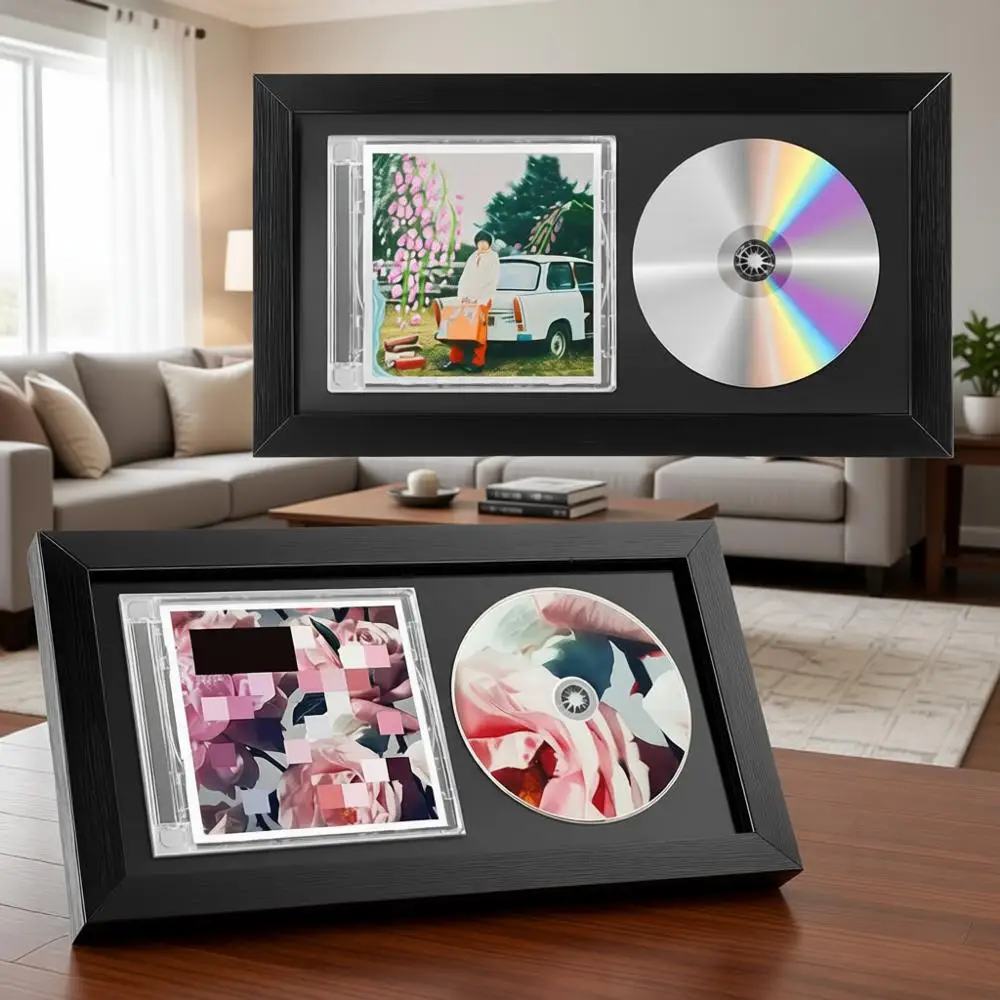 

13.7 x 7.5 Double CD Display Case with Shatterproof Glass, Wall-Mountable, Imitation Wood Design, Black