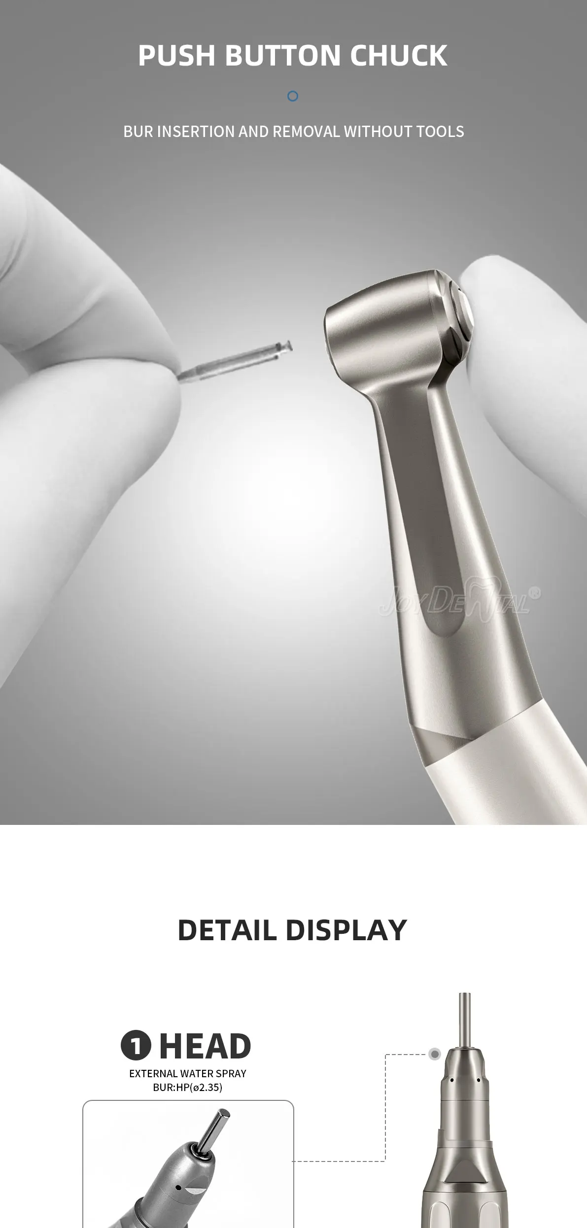 1 Stück JOY DENTAL Niedrigdrehzahl-Handstück 1:1 Winkelstück für ø2,35mm CA-Bohrer Druckknopf Gerader Nasenkegel Luftmotor 2/4 Löcher – Detail 6