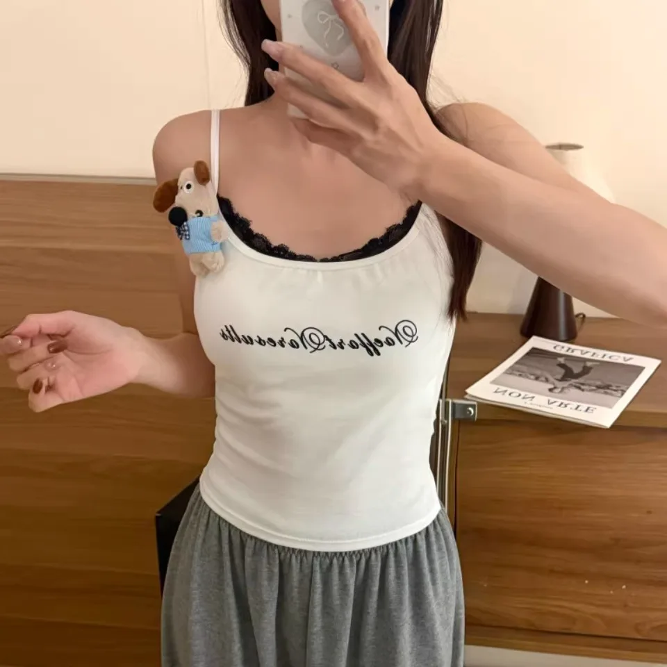 Summer New Style Spicy Girl Lace Trim Splice Letter Print Strap Vest Women Fixed Belt Chest Pad Slimming Short Length Casual ...