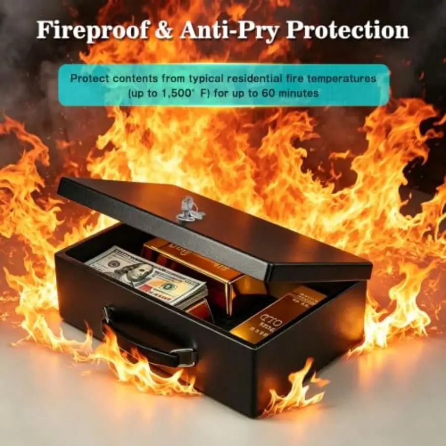 Quality Assurance Fireproof Document Box With Key Lock, Fire Box, Black Fire And Water Resistant Lock Box For Documents, Passports, Cash And Valuables, Keeping Secure At Home, 12.8 X 8.5 X 4.5 Inch