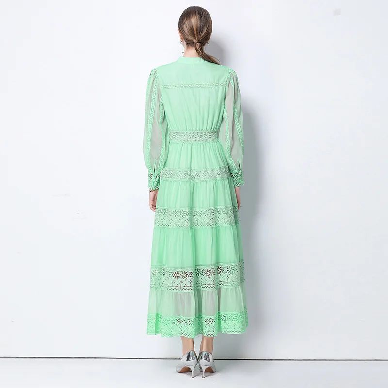 Estate autunno vacanza manica lunga lanterna ricamo verde abito da ballo donna patchwork pizzo una linea scava fuori abiti da festa