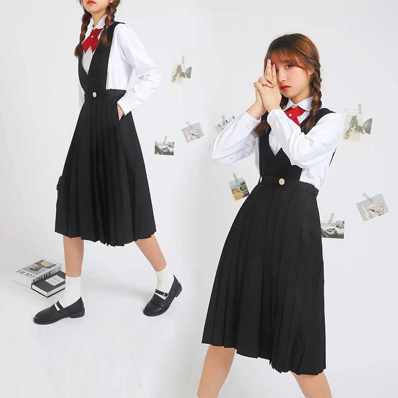 Japanese Korean Class High School Student Girl Long Pinafore Pleated Dress  JK Uniform Cosplay Seifuku Schoolgirl Sundress