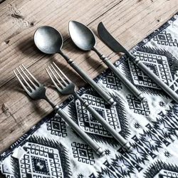 Vintage Luxury Dinnerware Metal Reusable Flatware Matte Knife Fork Spoon Stainless Steel Cutlery Set Retro Food Decor Tableware