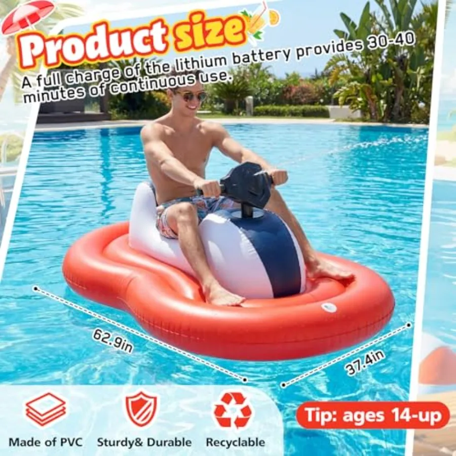 Motorized Pool Float for Adult, Inflatable PVC Pool Lounger Chair in Blue with Pusher Handles, Cup Holder Pump Waterproof for P