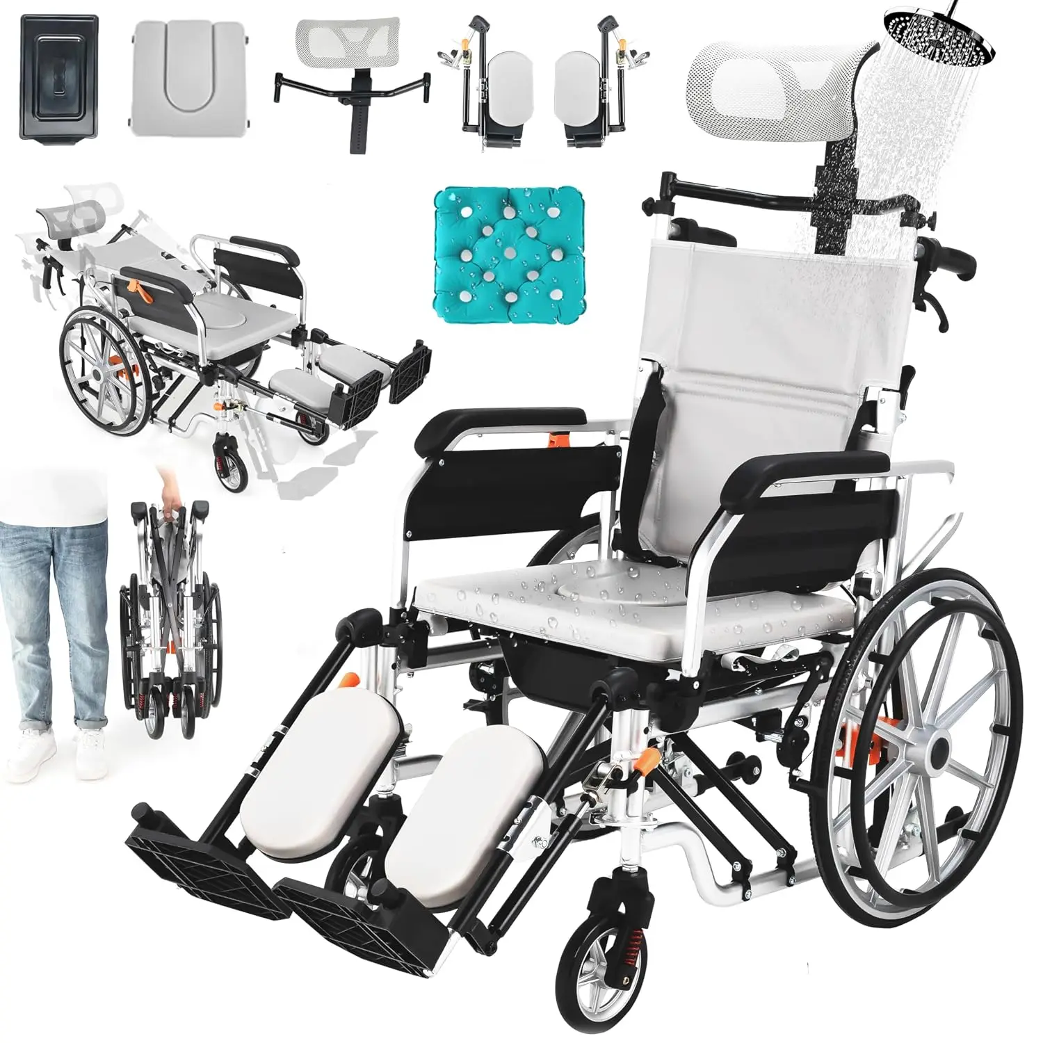 Reclining Wheelchair for Adults, 5-In-1 Fold Transport Wheelchairs for Seniors, Swing-Away Elevating Leg Rests and, Customized