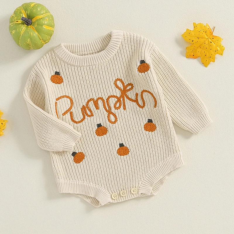 0-18M Baby Girls Boys Sweater Rompers Halloween Clothes Pumpkin Letter Embroidery Long Sleeve Toddler Fall Button Bodysuits