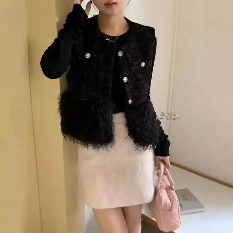 2025 Winter New Women's Slimming Sheep Velvet Vest Round Neck Single-Breasted Jacket Crew Neck Slim Fit Elegant Cardigan TS518