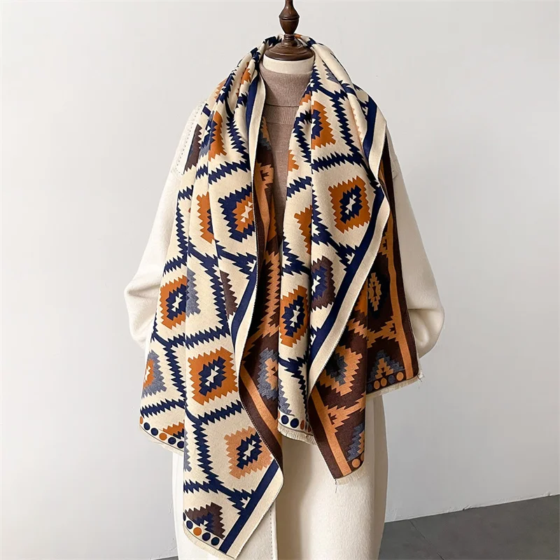 Designer Luxury Women\'s Winter Outdoor Cold-Proof Imitation Cashmere Double-Sided Print Warm Scarf Shawl Pashmina Stole