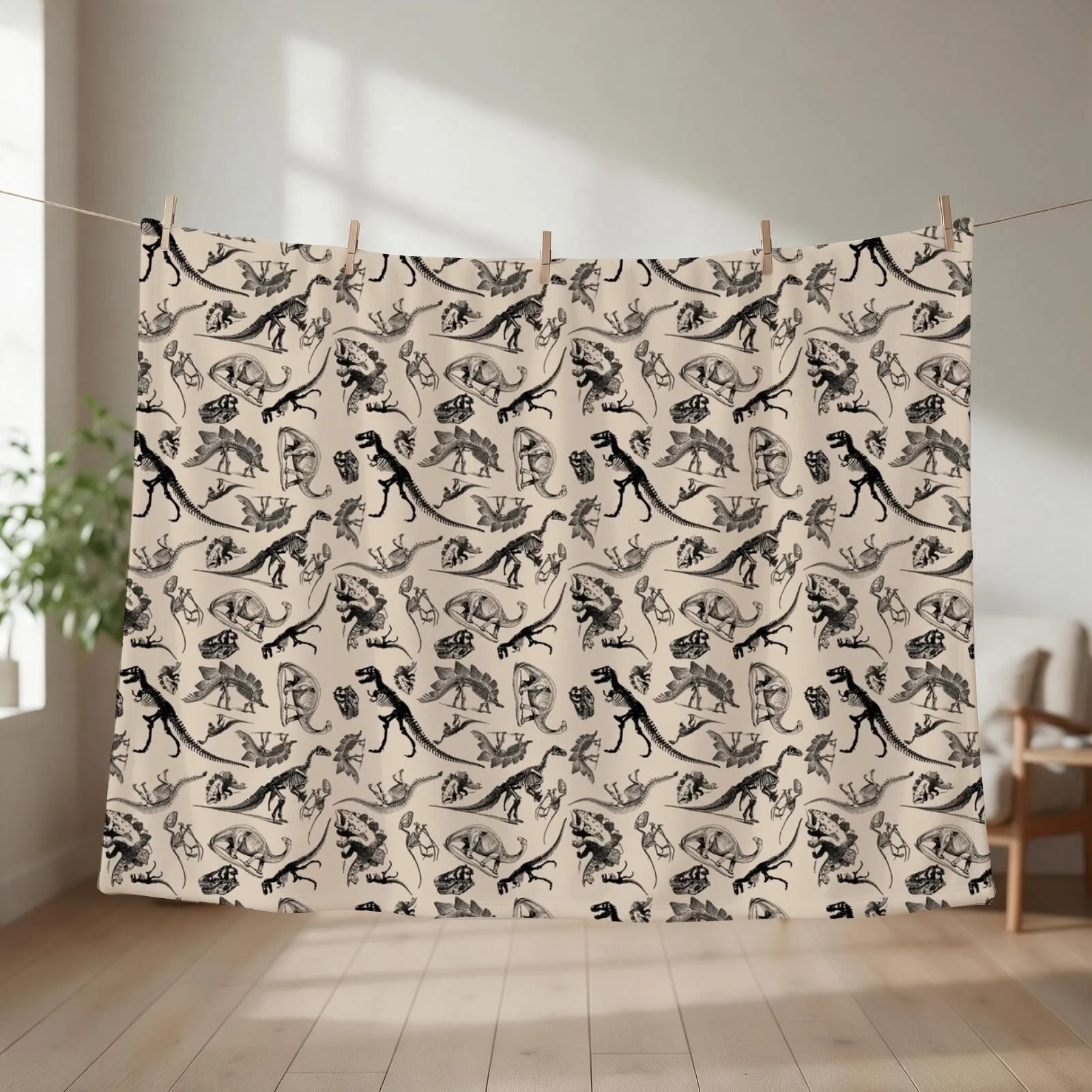 Vintage Museum Dinosaurs and Skeletons Black and Cream Throw Blanket couch cozy soft plush fuzzy picnic outdoor blanket