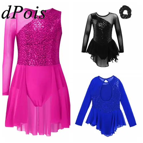 Imagen 1 del producto Vestido de salón para niños, vestido de patinaje sobre hielo con lentejuelas florales, falda de gimnasia de manga larga para niñas, traje de baile de leotardo