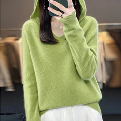 Spring and Autumn Cashmere Sweater Women's Hooded Korean Version Fashion Knit Hoodie Pullover Casual V-Neck Simple Seamless Top