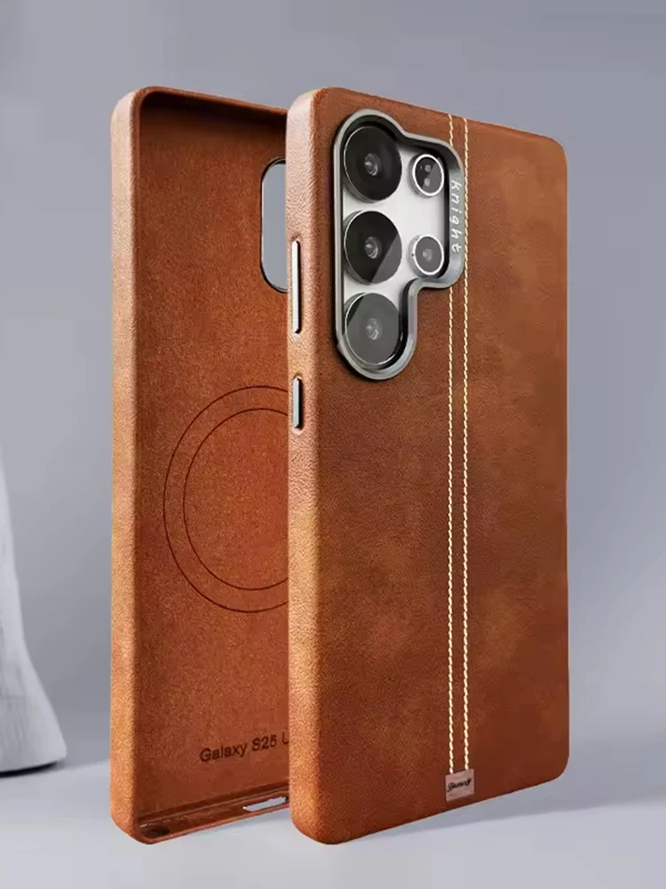 Vintage etui na telefon z ekoskóry PU z magnetycznym zamknięciem do Samsung Galaxy S25 Ultra S24 S23, metalowa ramka na obiektyw, bezprzewodowe ładowanie, odporne na wstrząsy. — zdjęcie produktu 7