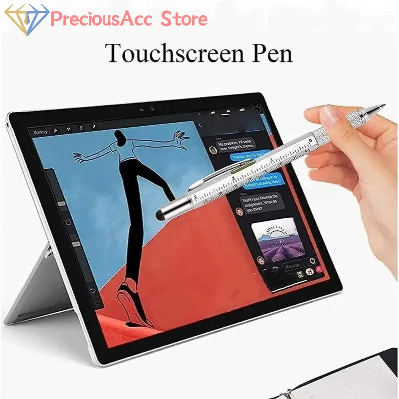 6 In 1 Multifunction Pen Metal Ballpoint With Stylus Ruler Level Screwdriver Bits For Office DIY Tools