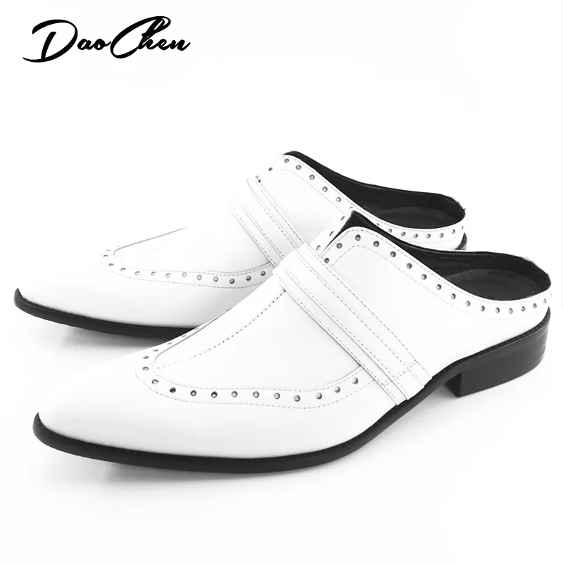 Fashion Style Men\'s Mules Half Shoes Mixed Colors Black Slip On Wingtip Causal Dress Mens Shoes Summer Leather Shoes Men