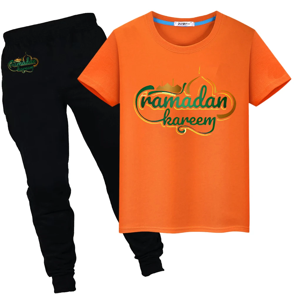 

Summer Sets Eid Ramadan Muslim boy girl 100%cotton T-shirt With Moon Tops+pant Kids Ramadan Mubarak Festive Outfit Holiday gift