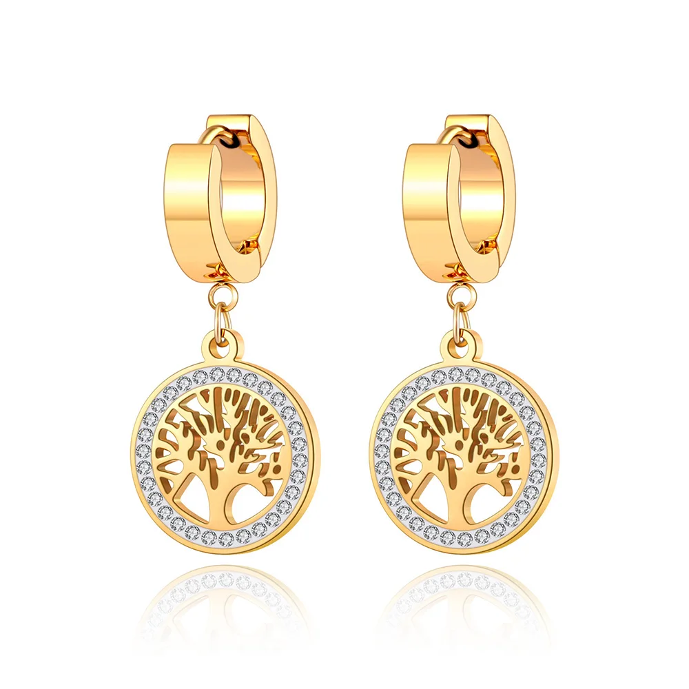 Lokaer 18K Gold Stainless Steel Bohemia Party Hoop Earrings Fashion CZ Crystal Tree Earrings Jewelry For Women Серьги E21029