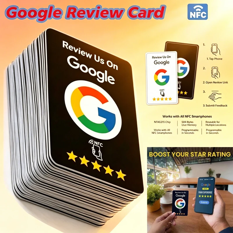 1-50Pcs Black/ Premium Wear‑Resistant** Matte Finish Reusable Google Review Tap NFC Card Programmable NFC Tap Card User‑Friendly