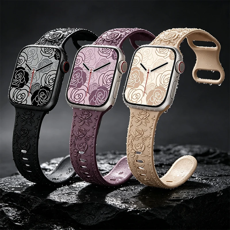 Flower Engraved Strap For Apple Watch Band 44mm 45mm 41mm 40mm 49mm 46mm 42mm Bracelet iwatch Series 11 10 SE 9 8 7 6 5 Ultra 2