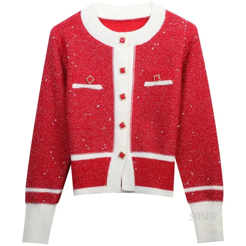 

Женский однобортный Кардиган с блестками, красный кардиган с круглым вырезом и контрастными блестками, модель 2024 года