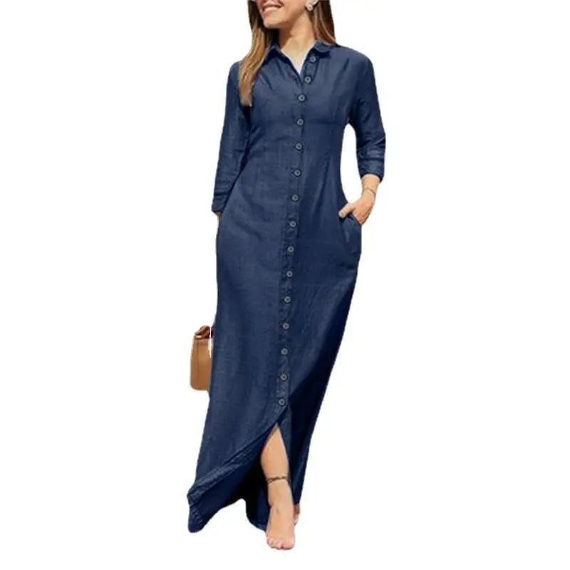 Ladies Denim Solid Color Dress 2023 Summer New Shirt Collar Button Long Denim Skirt Mom Skirt Dress Women Elegant Casual Wear